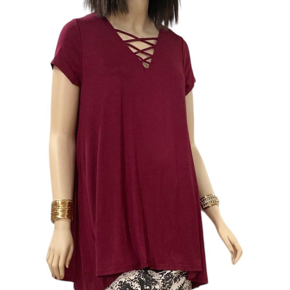 Burgundy Red Short Sleeve Crisscross Tunic Top NEW
